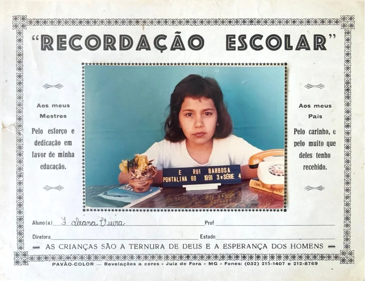 Recordação escolar de Fabiana Gonçalves, Escola Rui Barbosa, Pontalina, 1991